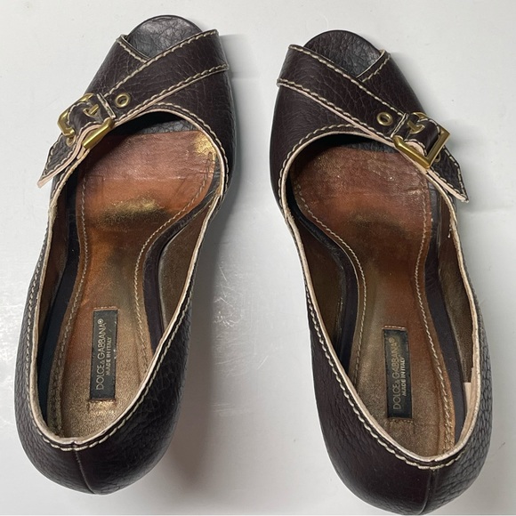 Dolce & Gabbana Brown Leather Peep Toe Buckle Heels Size 38 or US 7.5 - Picture 6 of 13